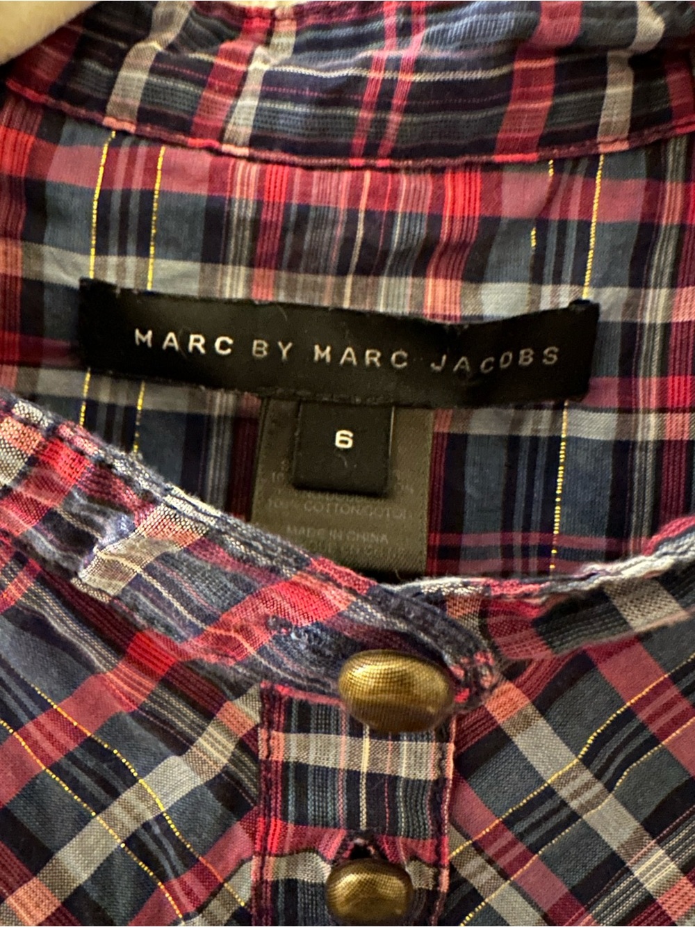 Marc by Marc Jacobs Navy, Pink & Yellow Plaid Ruffle Button-Front Shirt - Picture 4 of 6